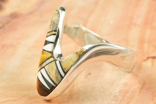 Genuine Picture Jasper, Magnesite and Black Jade inlaid between ribbons of Sterling Silver. Stunning Ring Designed by Navajo Artist Calvin Begay. Signed.
